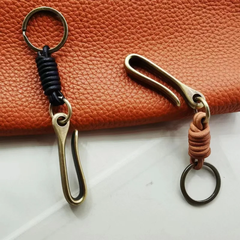 Zinc Alloy U-shape Fish Hook Keyring Retro Genuine Leather Keychain Accessories Vintage Bow Shackle Key Chains for Men Wholesale