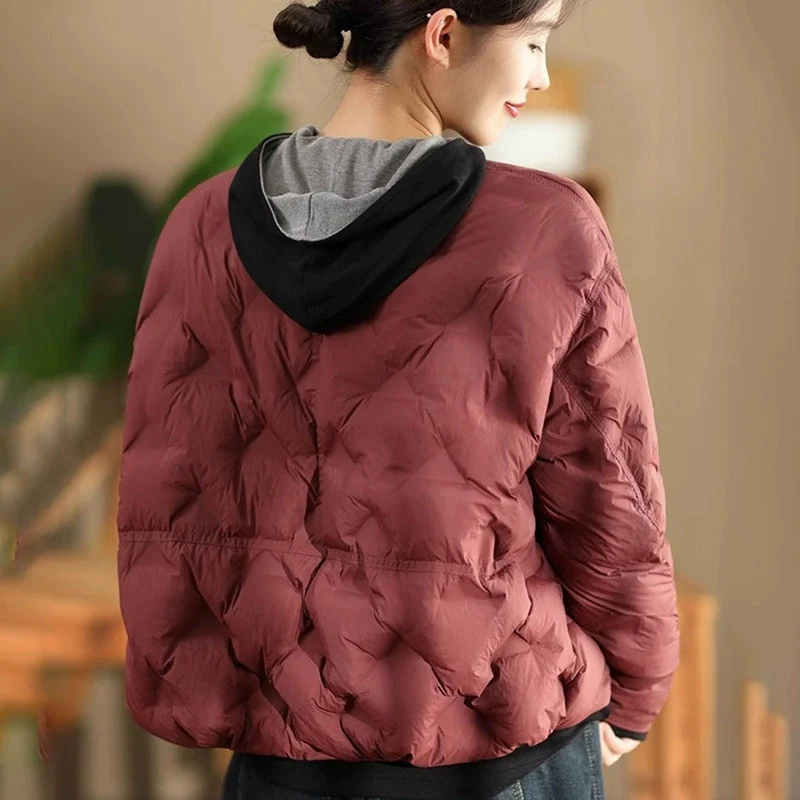 Schinteon 여성용 화이트 덕 다운 재킷 칼라리스 빈티지 가을 겨울 아우터 루즈 캐주얼 따뜻한 탑 2025 신상 코트