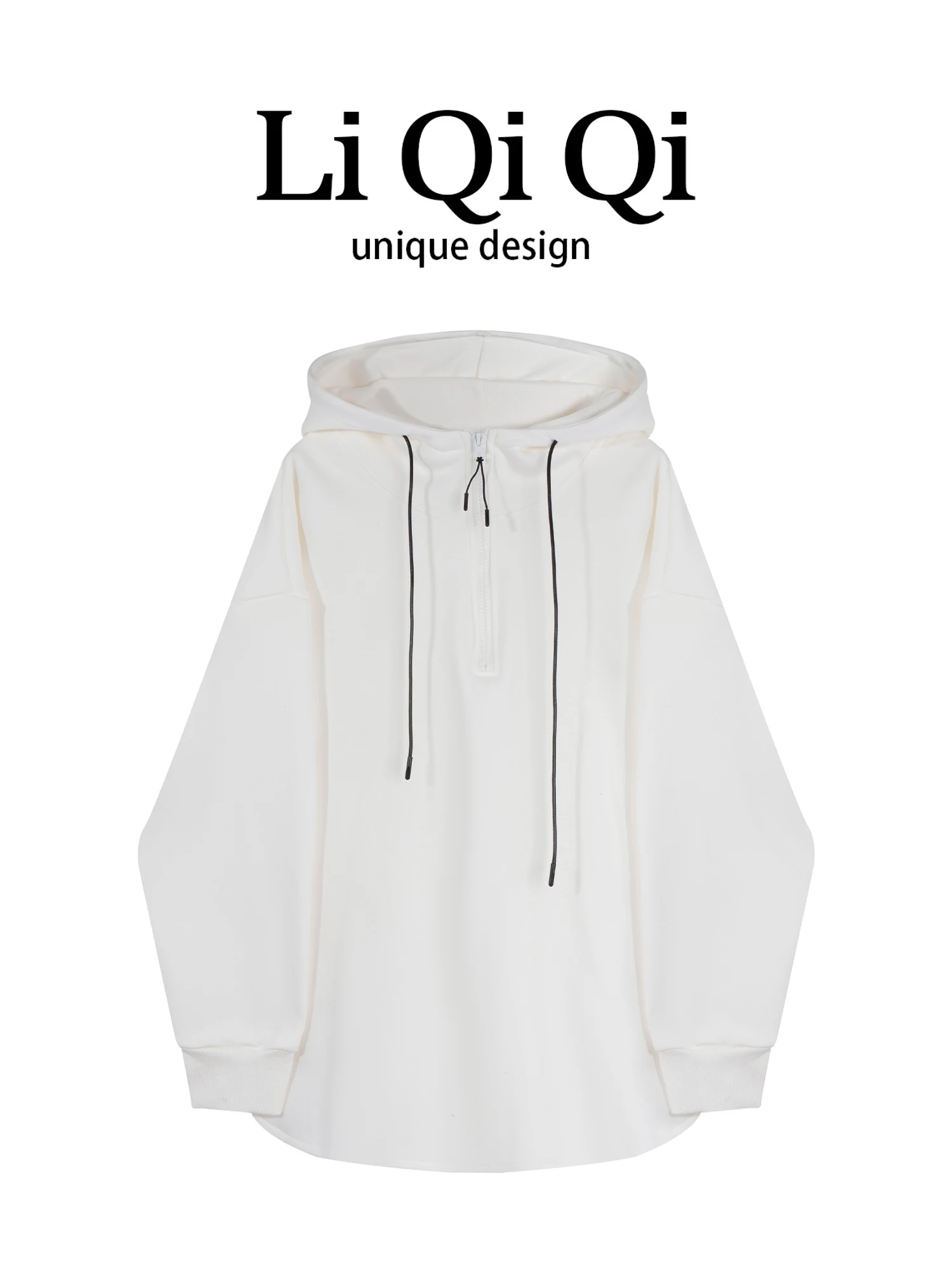 Li Qiqi Large Size Fce Lined Hoodie Women's Autumn Trend Loose Slimming Mid-Length Top Warm f Open Collar Sweatirt
