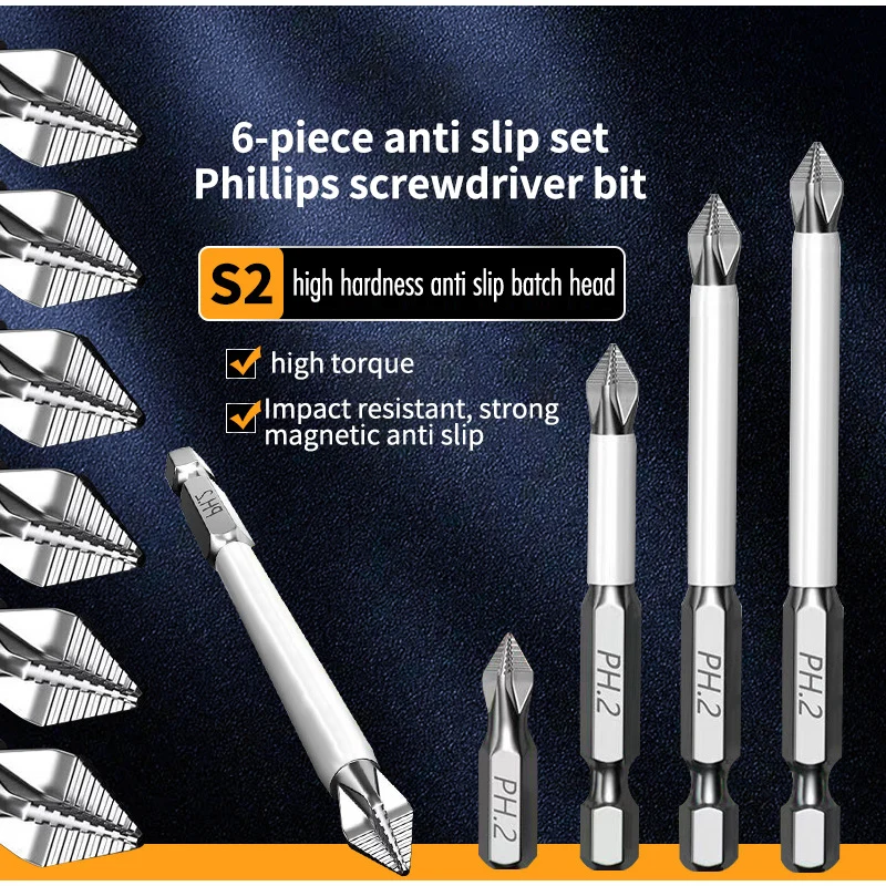 

S2 High Hardness Phillips Screwdriver Bit Set 6pcs Magnetic Impact Resistant Hex Shank Drill Bits For Electric Screwdriver
