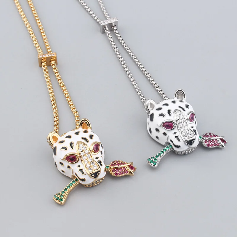 Designer Collection Style Necklace Cubic Zircon White Enamel Red Eyes Leopard Panther Flower Pendant Dinner Party Chain