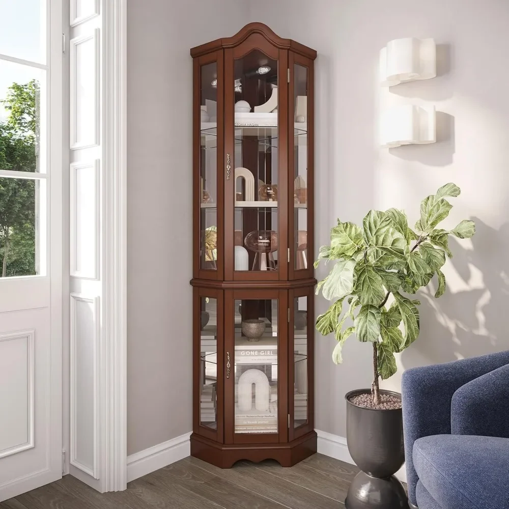 Lighted Corner Display Curved Top Curio Cabinet Wooden Shelving Unit with Tempered Glass Door, Bar and Liquor Storage Area