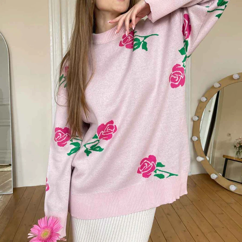 2024 New High Quality Flower Pattern Women Loose Style Sweater Knit Pullovers Winter Clothes Tops For Women Sweater Pull Femme