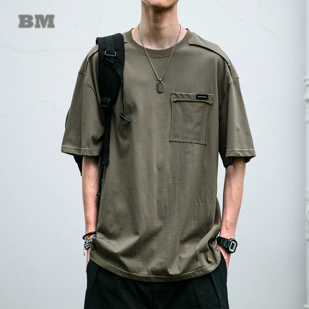 

Japanese Streetwear Summer Loose T Shirt Men Clothing Harajuku Casual Patchwork Pocket Short Sleeve Plus Size Korean Fashion Top