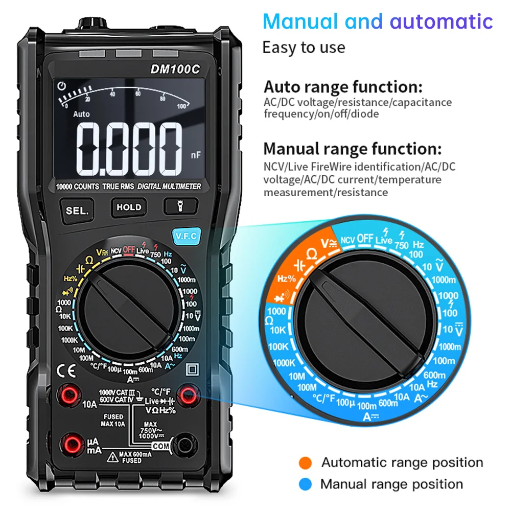 DM100C True-RMS Digital Multimeter Button 10000 Count with Analog Bar Graph AC/DC Voltage Ammeter Current Ohm Manual/Auto