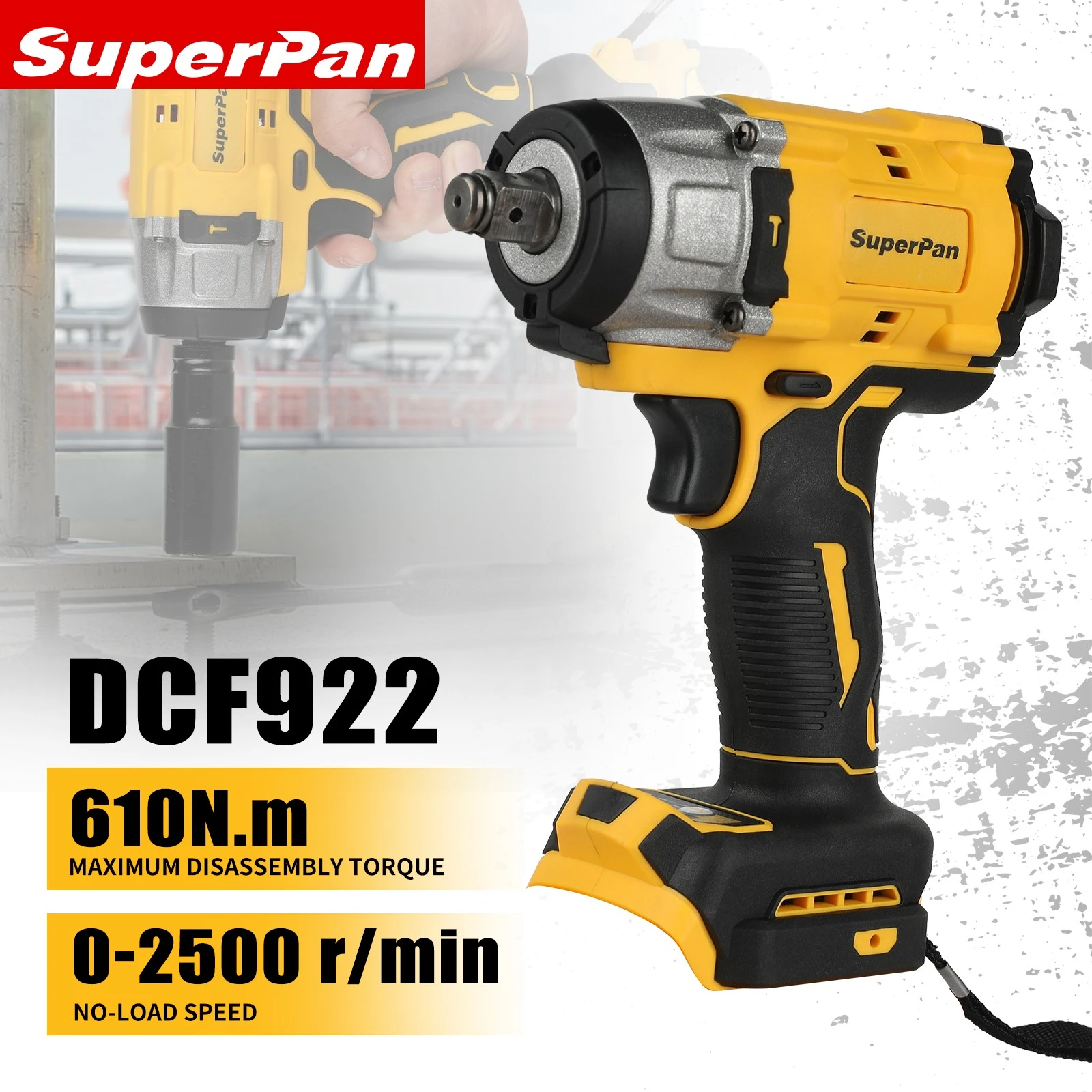 

Аккумуляторный гайковерт SuperPan SP922 для тяжелых условий эксплуатации, для авторемонта и использования в мастерских, совместим с аккумуляторами DeWalt 20V.