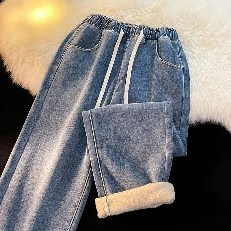 Fashion Plush Thick Black Gray Jeans For Y2k Boys Winter Warm Wide Leg Denim Pants Korean Stylish 2000s Aesthetic Hip Hop Jeans