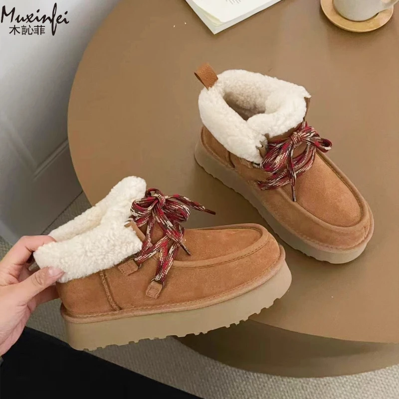 2025 شتاء جديد أحذية الثلوج سميكة القاع فوكارا حزام جلد الغنم والفراء المتكاملة الثلوج الأحذية الصوف حزام أحذية بوت قصيرة