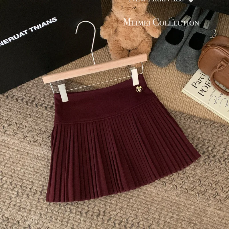 Falda plisada estilo Preppy falda de tela de lana de cintura alta nueva falda versátil dulce linda Otoño Invierno falda acampanada para estudiantes