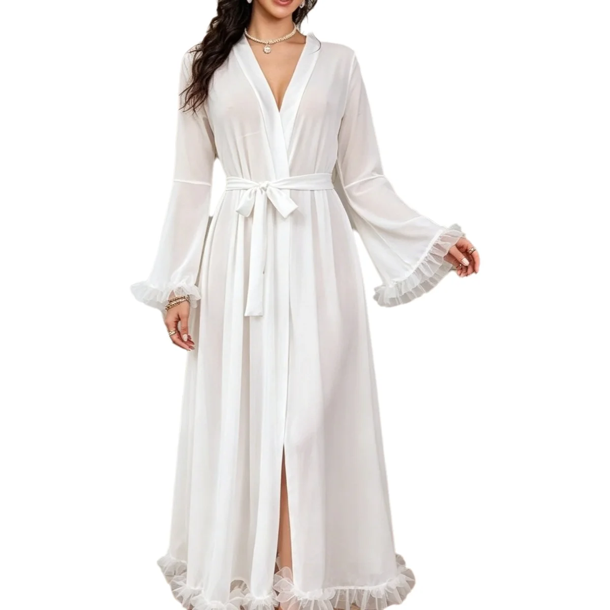 New Sexy Pajamas With Mesh See-through Design, Summer Long Robe Set With Bell Sleeves And Three-dimensional Lace Home WFB7