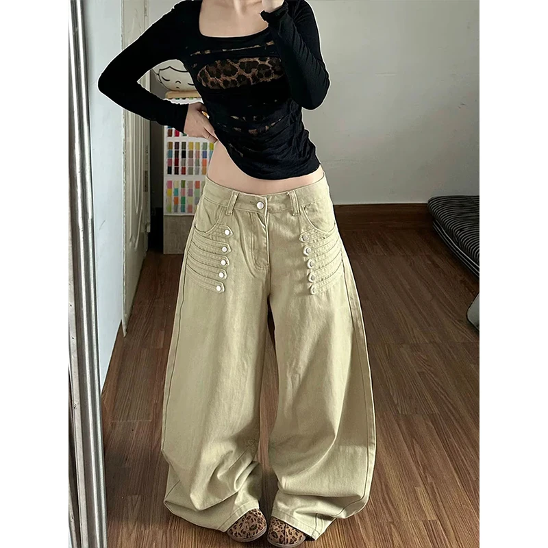 Women Khaki Gothic Y2k Scimitar Jeans Vintage 2000s Grunge American Style Jeans Pants Baggy Wide Leg Denim Pants Clothes