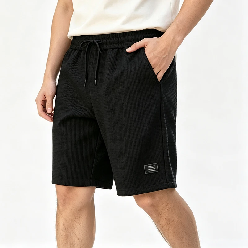 Men Waffle Knit Bermuda Shorts Elastic Drawstring Waist Loose Fit Label Decor Outdoor Travel Daily Casual Knee Length Shorts