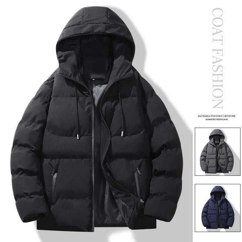 Autumn and Winter Fashion Solid Color Thickened Warm Hooded Cotton-Padded Jacket Men's Loose Sports Windproof Large Size Coat