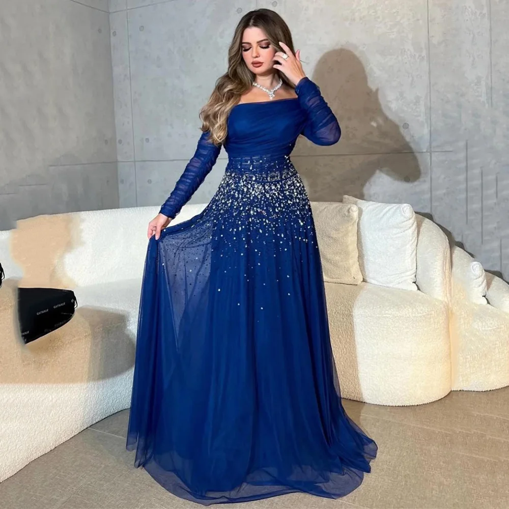 Customized One Shoulder Long Sleeve Prom Gown Illusion A-line Mesh Dress Temperament Evening Dresses for Women Tulle فساتين الحف