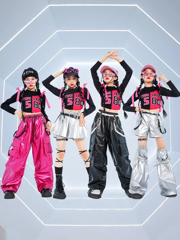 Neues Mädchen-Hip-Hop-Crop-Top, glänzende Cargohose, T-Shirt, Street-Dance-Shorts, Kinder-Streetwear, Kinder-Jazz-Mädchen-Gruppen-Kleidungssets – Detail 2