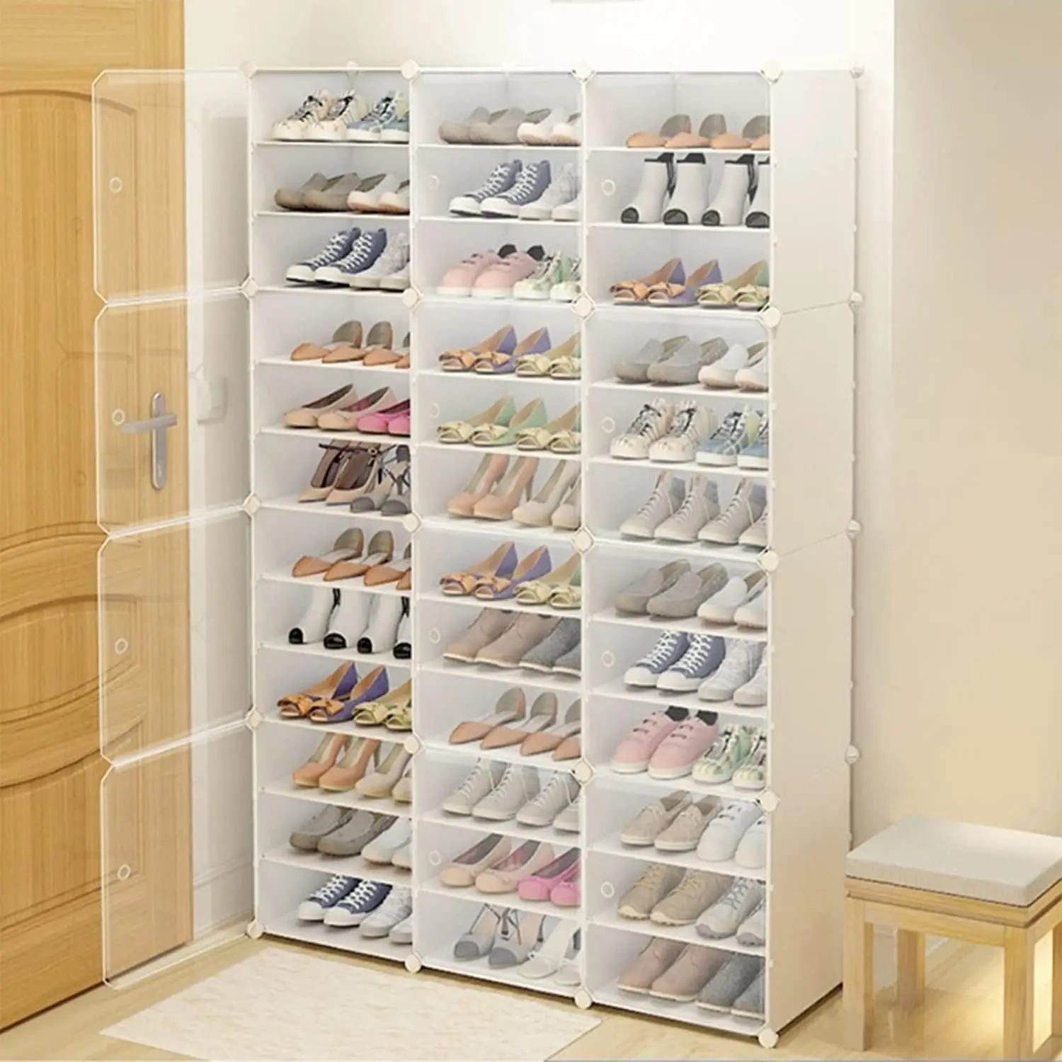 

12-Tier 3-Line Dustproof Shoe Boxes 72 Pairs Clear Shoe Rack Organizer Stackable Storage Cabinet Plastic Shoe, Customized