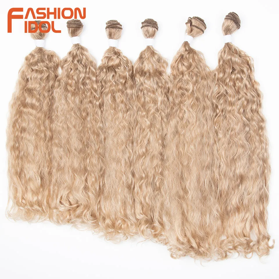 FASHION IDOL 16-20 Inches 6 Bundles Heat Resistant Synthetic Curly Hair Extensions Blonde Deep Wave Weave for Full Head Styling