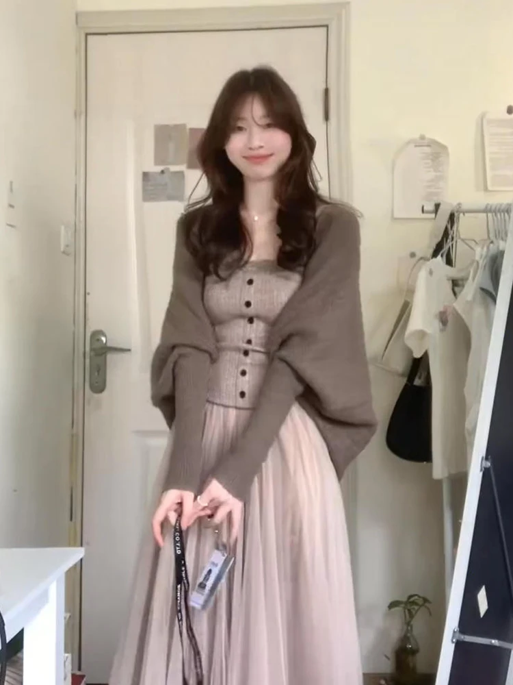 Early Autumn New Korean Style Batwing Sleeve Knitted Open Cardigan Lace Strap Mesh Half-length Skirt Three-piece Set for Women