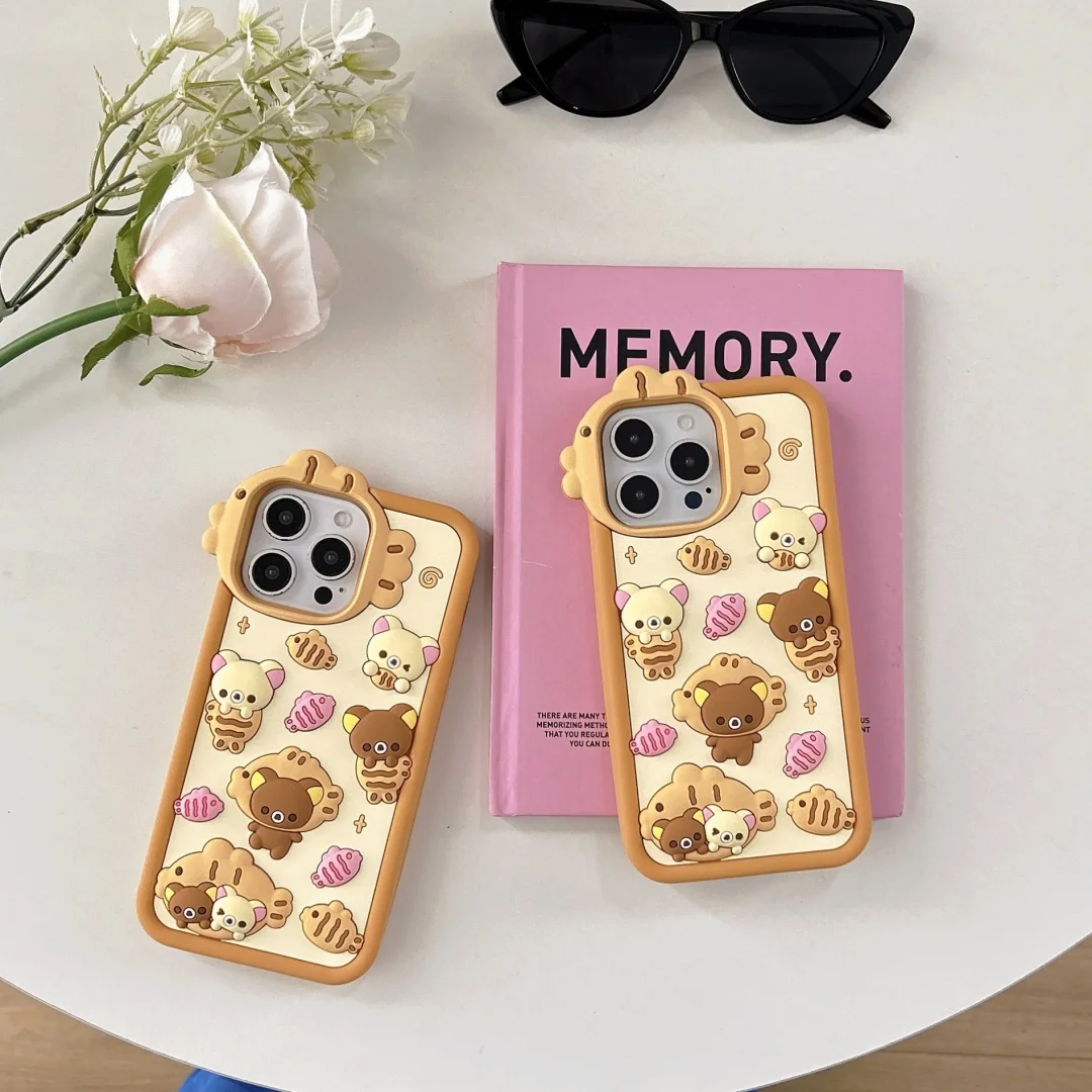 

Cute 3D Cartoon Bear Biscuit Fish Phone Case For iPhone 17 16 16E 15 14 13 12 Pro Max 14 15 Plus Anti-fall Soft Silicone Cover