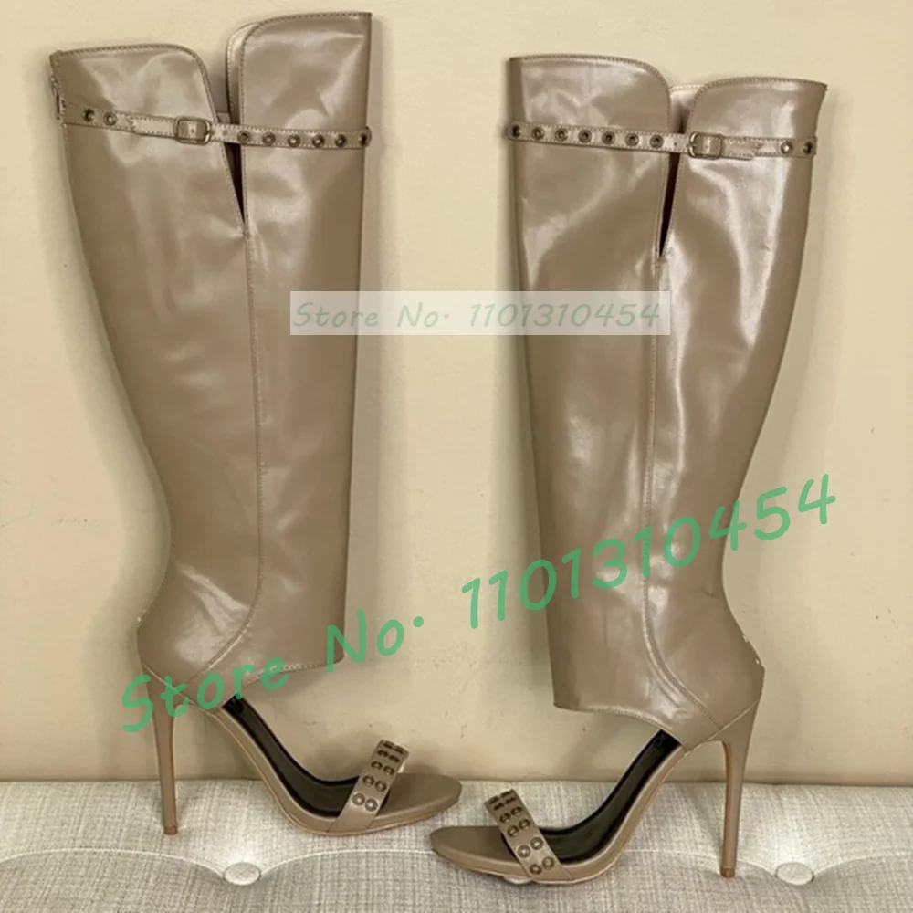 

Taupe Cut out Knee High Boots Women Sexy Metal Rivets Buckle Strap Open Toe Boots Ladies Outfit Thin High Heels Cool Girly Shoes