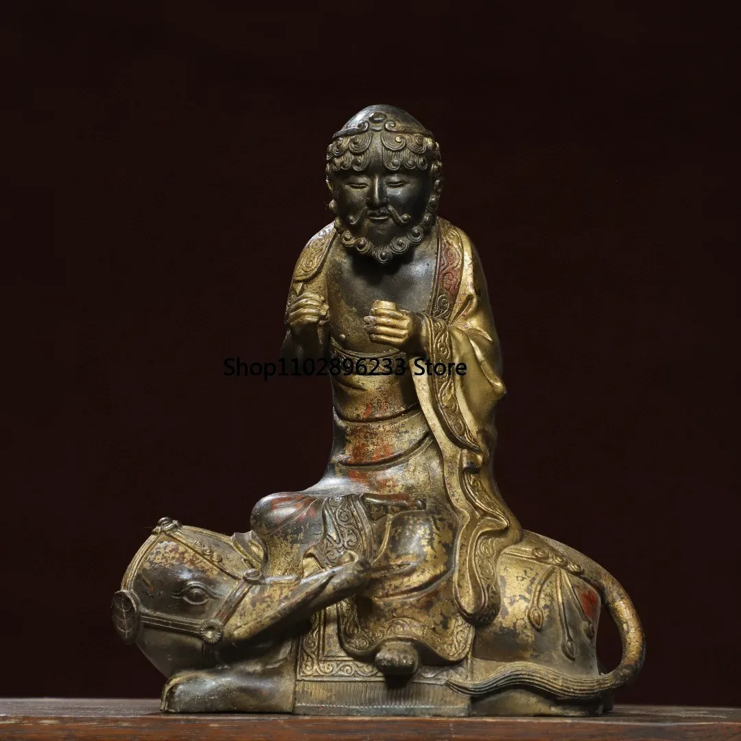 Tibetan brass mud gilt cinnabar painted riding elephant Arhat sitting statue antique offering ornament Buddhist hall supplies 26