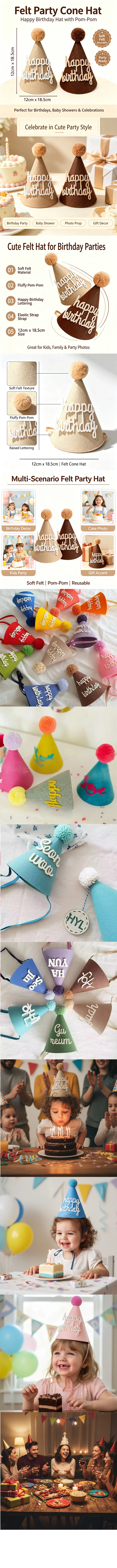 1 Stück Verdickter Filz-Kegel Geburtstagshüte DIY Handgemachte Party-Deko Foto-Requisiten für Erwachsene Kinder Babyparty-Deko PDMZ006 – Detail 1