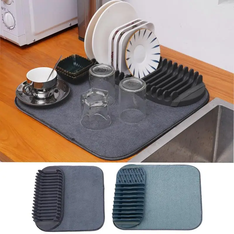 Dishes Drying Rack With Mat Hangable Fine Fiber Roll Up Dish Drying Mat Kitchen Counter Glassware Cutlery Dish Drying Pad