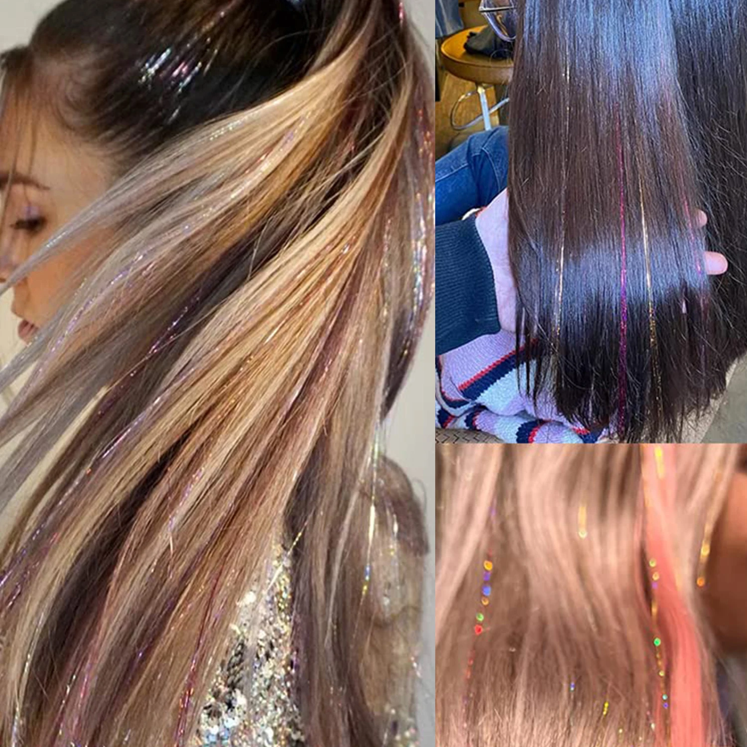 1 Pac Glitter Tinsel Ekstensi Rambut Tahan Panas Berkilau Mengkilap Peri Aksesoris Rambut untuk Wanita Anak Perempuan Anak-anak 36 Inci Sintetis