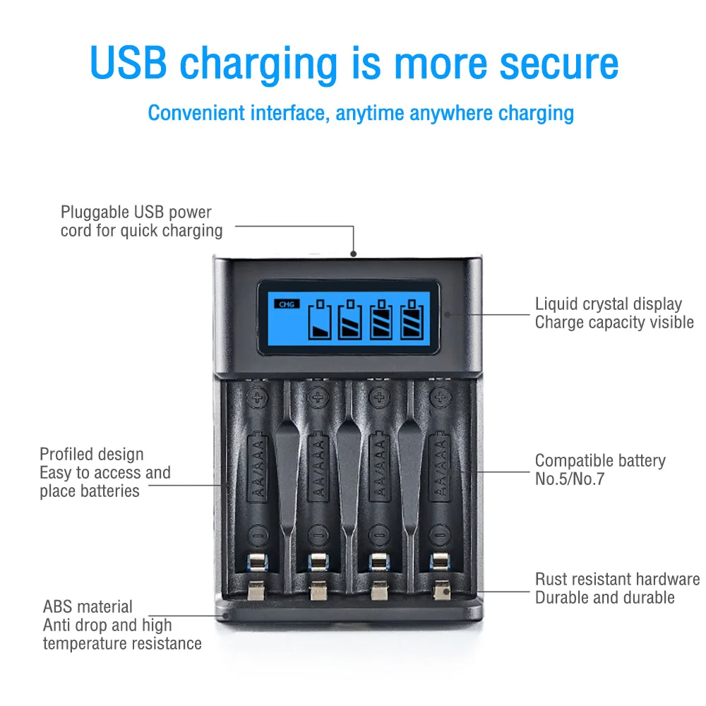 4 Slots Smart LCD USB Charger Lithium Batteries Charging Adapter Fast Charging for NI-MH/NI-CD AA AAA 1.2V Rechargeable Battery