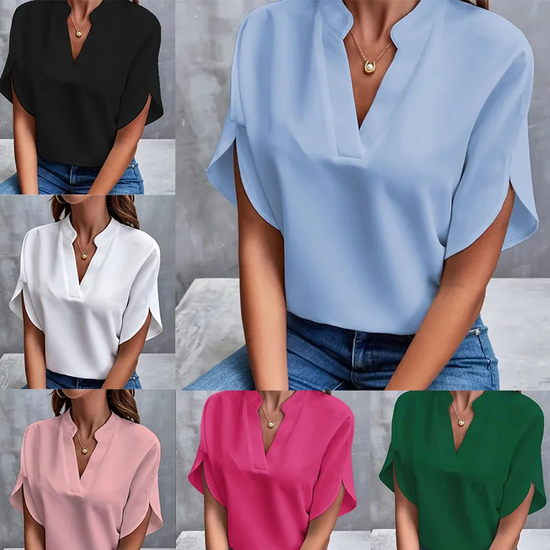 

Solid Color V-neck Petal Sleeve Short Sleeve Hoodie Top For Women, 2024 Summer New Fashion Casual Office Wear