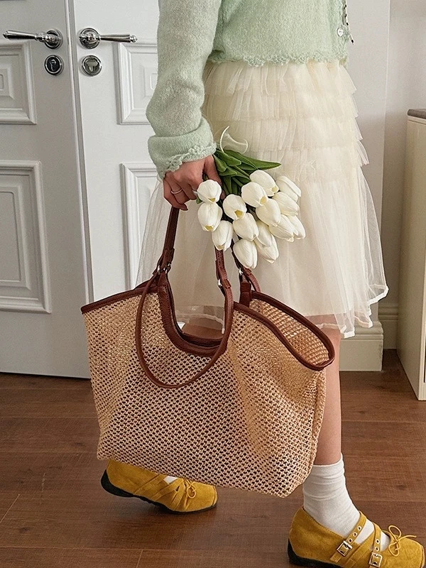 

Новая плетеная сумка-тоут из соломки для летнего отдыха 2026 года, большая вместительная сумка через плечо для досуга