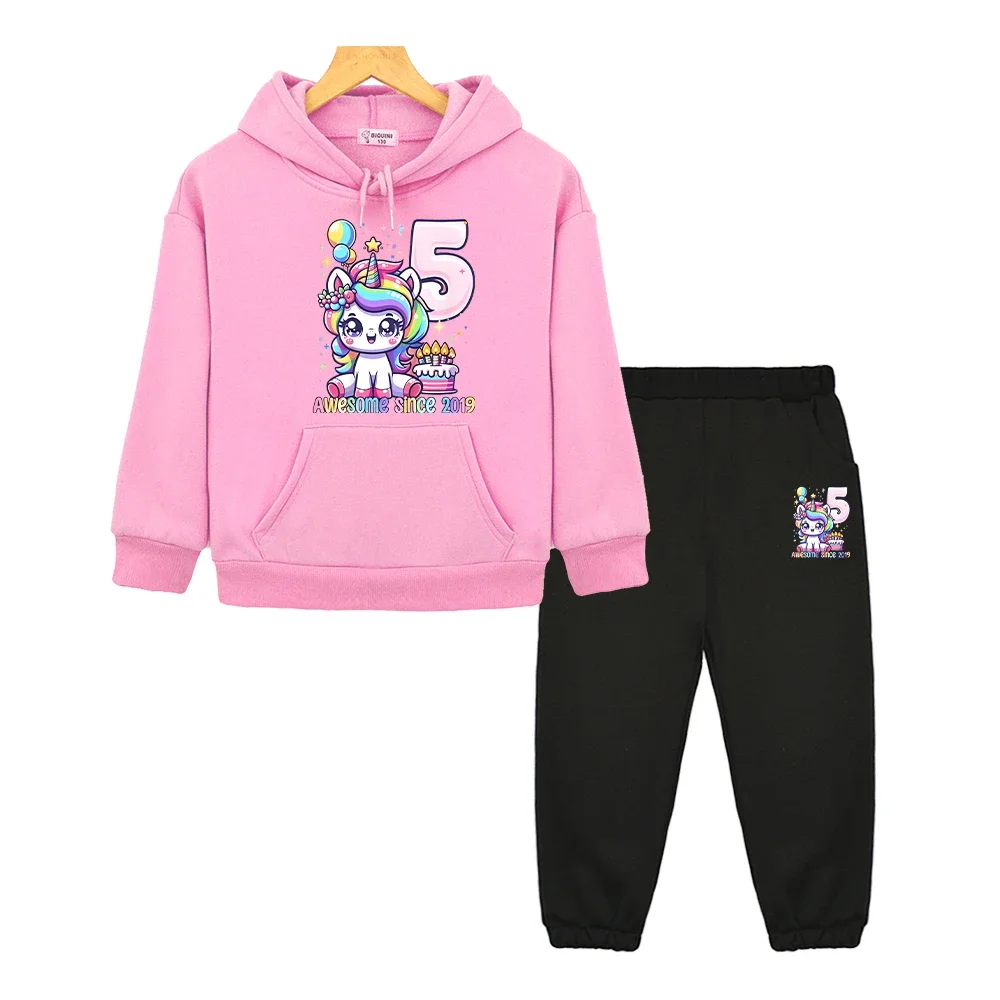 

Unicorn Happy 5th birthday Print anime hoodie Kawaii sweatshirt kids boutique clothes Fleece pullover boys girls Hooded Sets