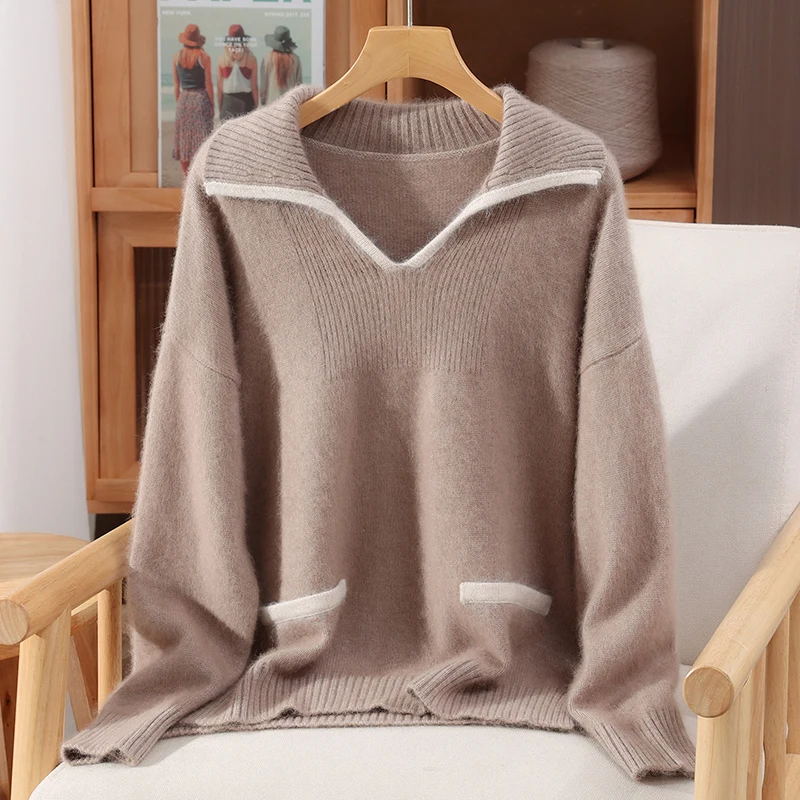 Chic Preppy Style Turn-Down Collar 100% Mink Cashmere Women's Pullovers Basic Soft Warm Casual Loose Pocket Sweater Tops