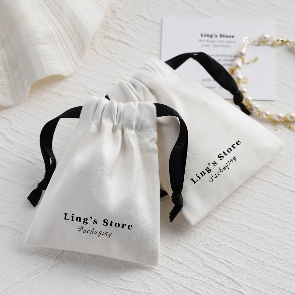 100Pcs Personalized Logo Jewelry Drawstring Flannel Bag Velvet Suede Packaging Pouch Chic Wedding Favors Cosmetic Earring Pocket