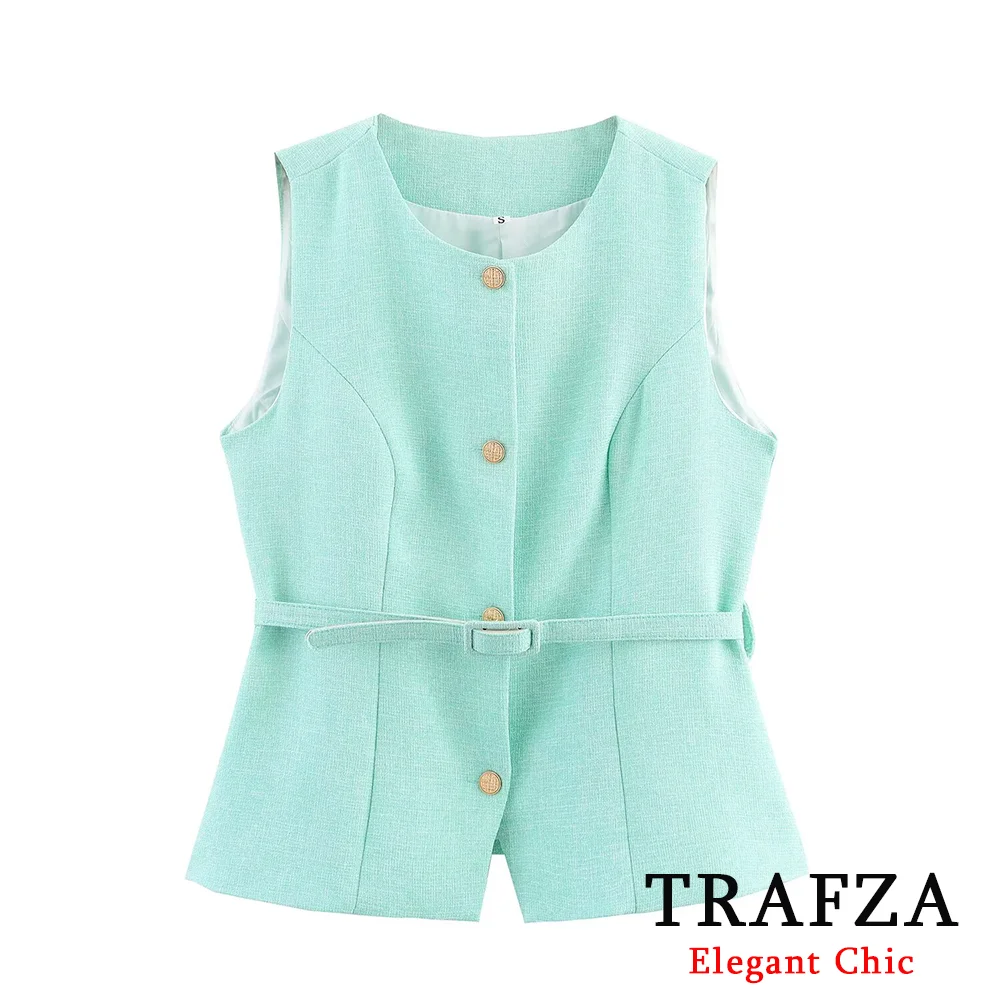 

TRAFZA Women Light Green Vest O-neck Buttons Vest With Belt 2025 New Spring Summer Fashion Dinner Commuter Mujer Casual Vest