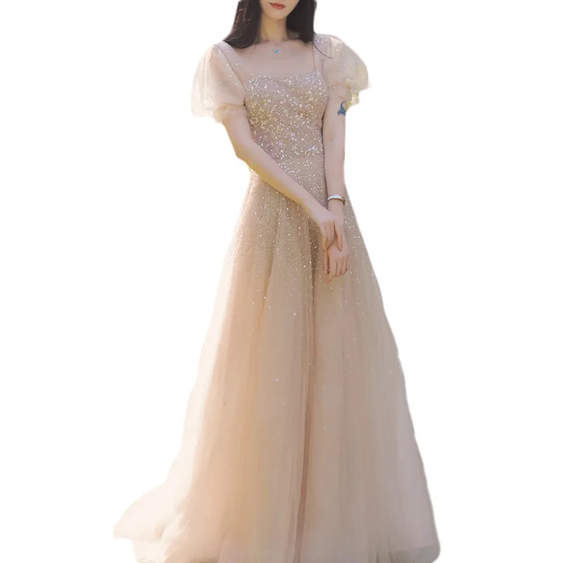 Champagne Color Maids Dr Ele High Waist Ball Gown Long Skirt Slimming ort Sve Bridesmaid Gown for Summer Wedding