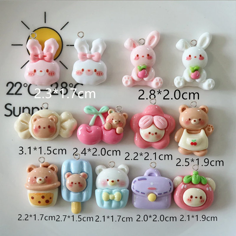 10Pcs Cartoon Rabbit Bear Resin Charms Kawaii Cherry Strawberry Animals Pendants for Keychains Earrings DIY Jewelry Making Craft