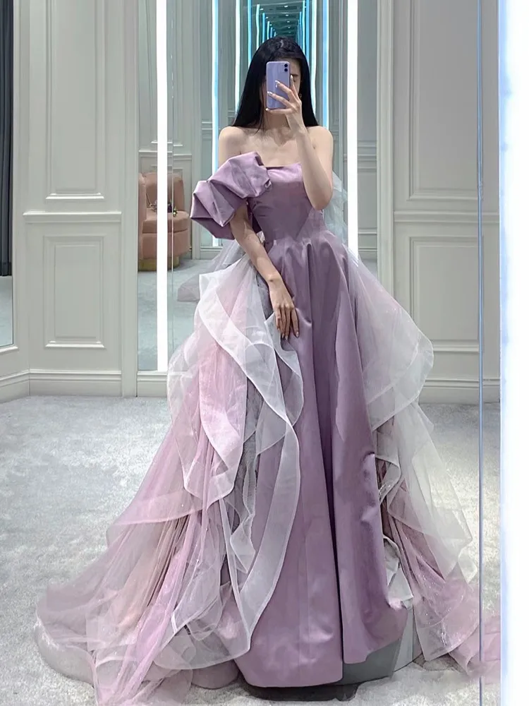 

Purple Evening Dress Female Host Art Exam Adult Formal Light Luxury Minority Satin New