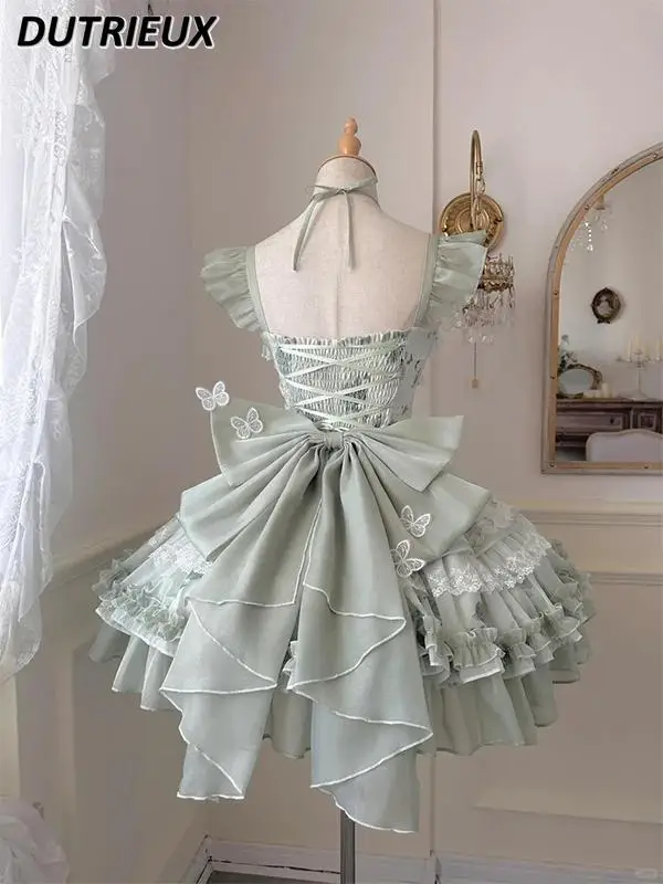 White-green Butterfly Fresh Princess Girl Birthday Dress Lolita Cute Sweet High-waisted Lace Print Sleeveless Short Dresses