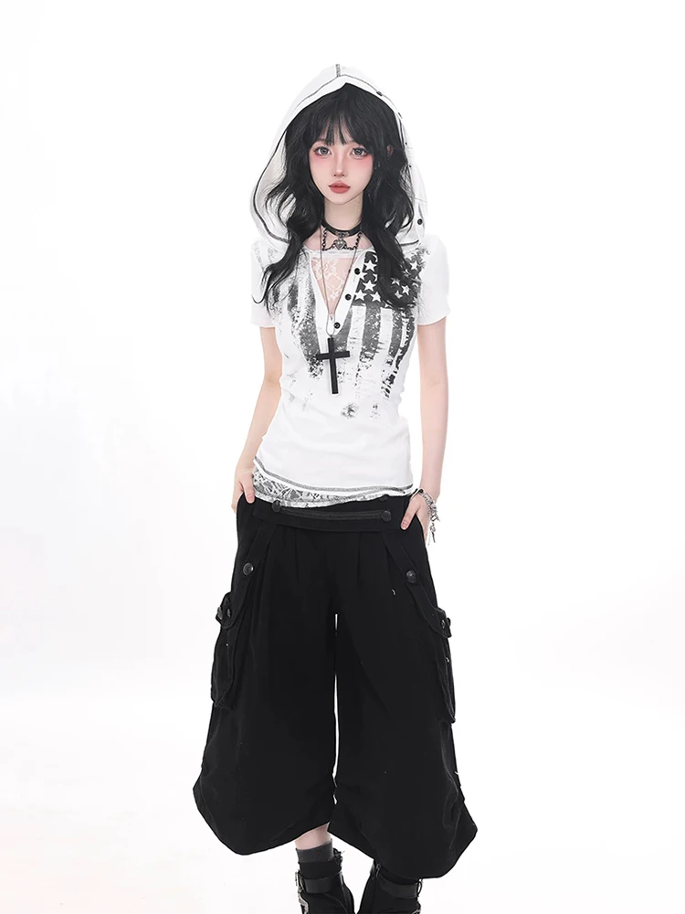 REDDACHiC Grunge Black Cargo Jeans Jorts Women Emo Button Decor Elastic Waist Pleat Denim Bermuda Pants Punk Alternative Clothes view 4