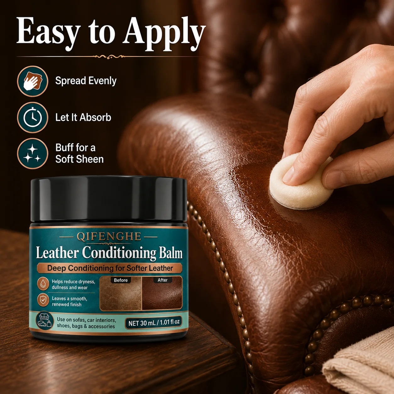 30ml Leather Conditioning Balm, Restores Softness & Shine, Deep Nourishing for Car Seats, Sofa & Shoes