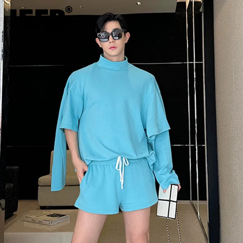 

IEFB Men's Shorts Set Two-piece Sport Male Stand Collar Sweatshirt Multi Sleeves Pullover Top Elastic Waist Set Blue 2024 Summer