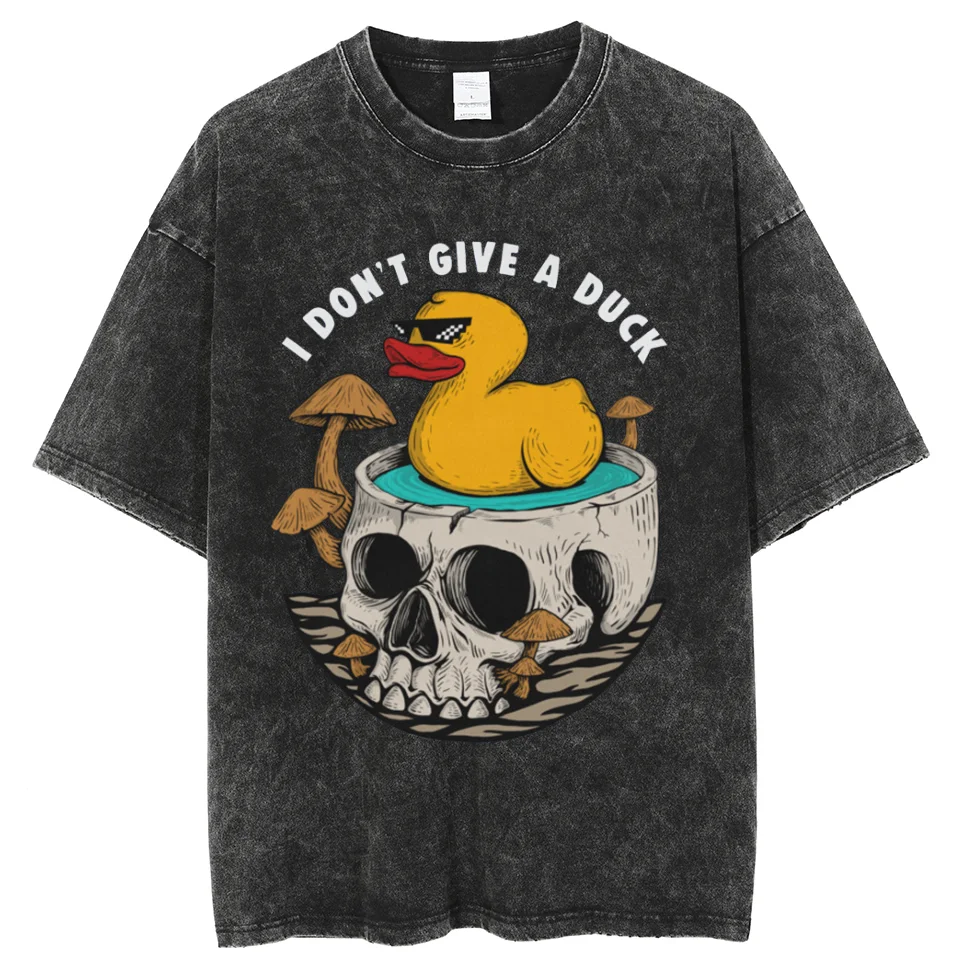 

Cute Duck Print Washed Denim Cotton T-Shirt Women's Loose Short Sleeve Unisex Casual Commuting Comfort Basic Top Round Neck