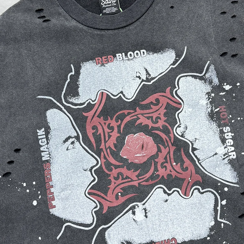 الهيب هوب الرسومات طباعة خمر غسلها الأسود التالفة حفرة سانت تي شيرت الرجال النساء 100% القطن رش الحبر تي شيرت المتضخم المحملة #4