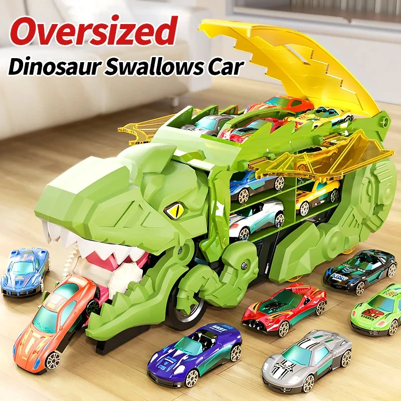 Transport Dinosaur Hauler Track Toy Foldable Sliding Transforms Standing Tyrannosaurus Eat & Store Cars Boys Kids Christmas Gift