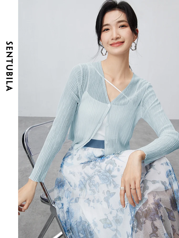 SENTUBILA V-neck Casual Cropped Knitted Cardigan 2024 Summer Straight Single Breasted Solid Long Sleeve Tops Clothing W42H55364