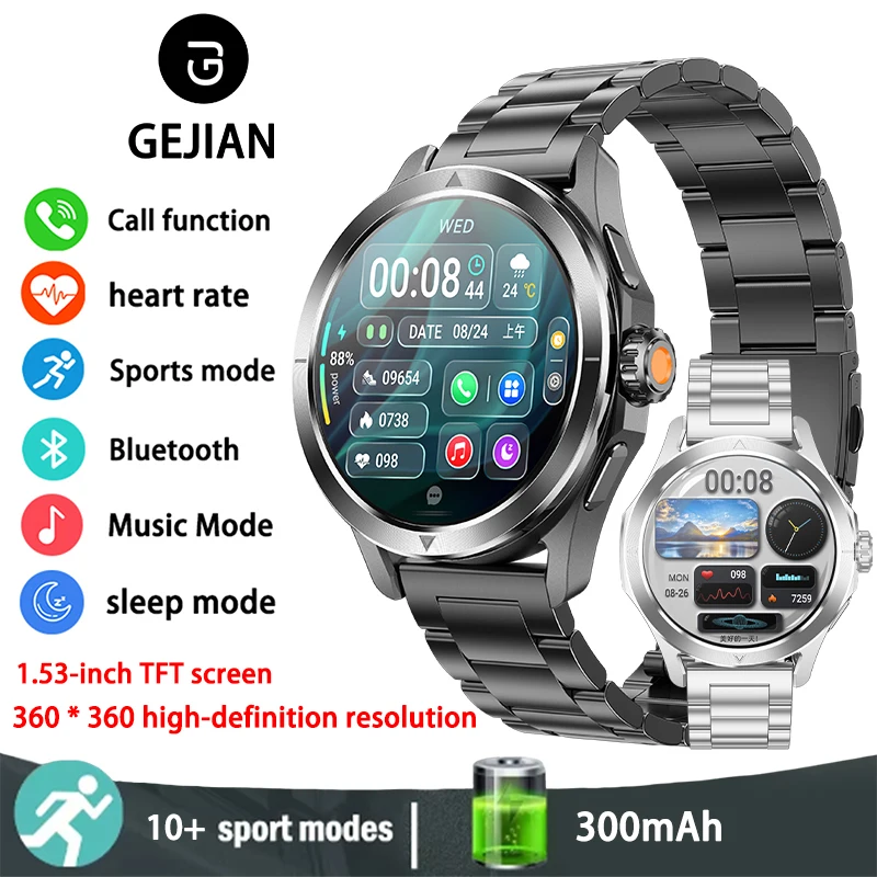 

Новинка 2023 года, мужские умные часы GEJIAN 5.0 с Bluetooth, пульсометр, функция мониторинга артериального давления, Android IOS, умные часы