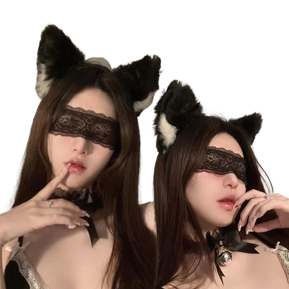 Lolita-Diadema para el pelo con orejas de gato y zorro, máscara para ojos de encaje, campanas, conjunto de decoración de disfraz erótico Sexy, accesorio para actuación de mascarada, 3 uds.
