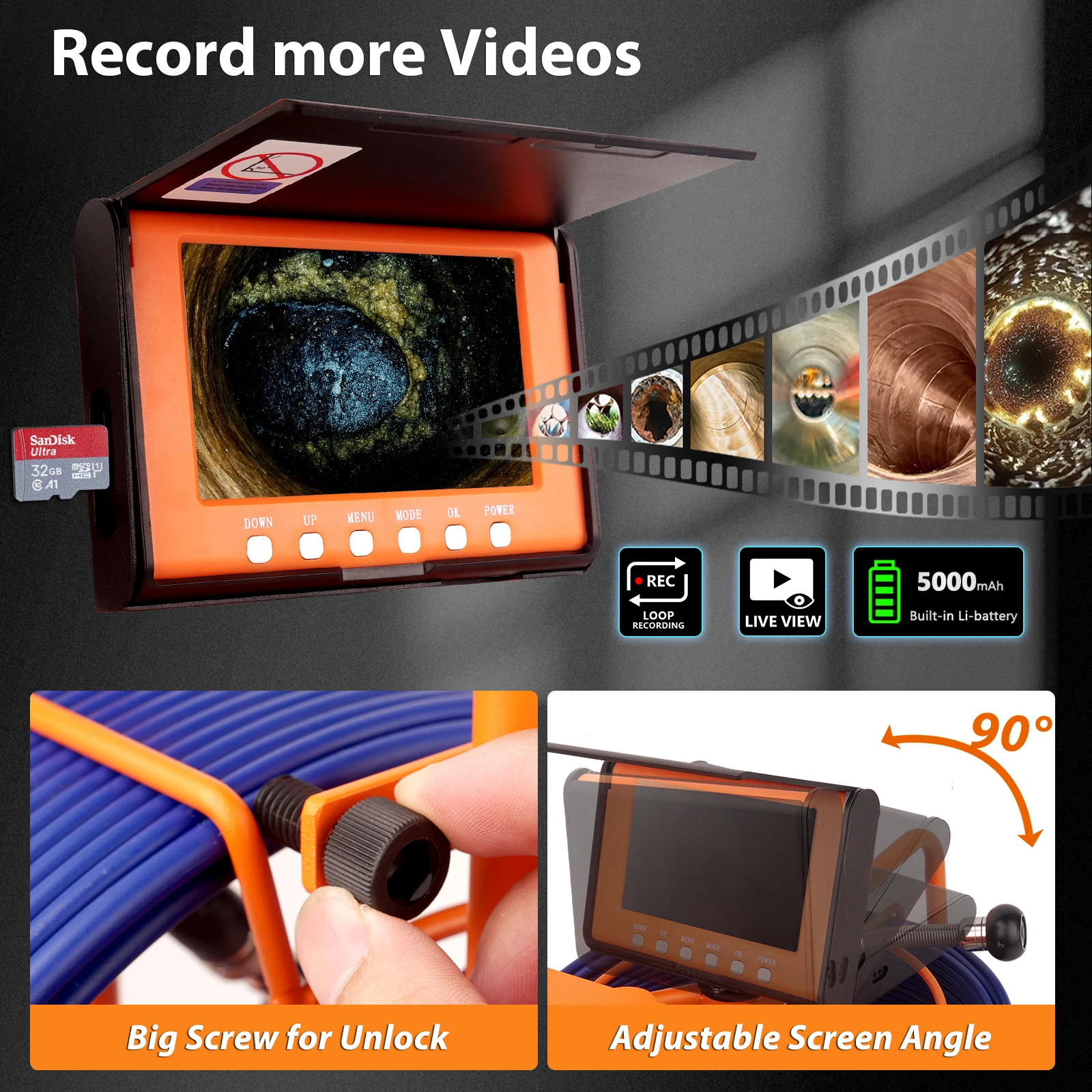 Sewer Camera 160FT/50M Pipe Inspection Borescope Endoscope IPS Screen 1080P High-Definition CMOS IP68 Waterproof Industrial