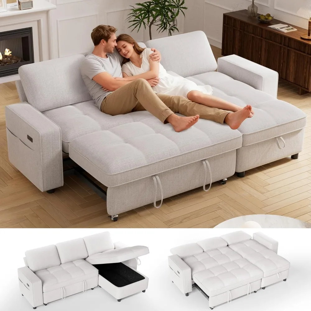 

81" Sectional Sleeper Sofa with Pull Out Bed, L Shaped Sleeper Sofa, Pull Out Couch with Reclining Backrest, Reversible Storage